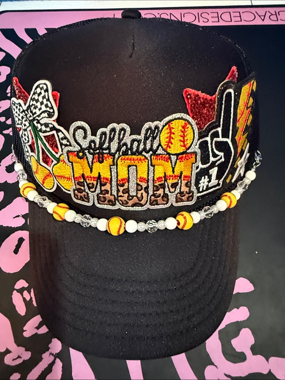 OTTO Black Softball Mom Trucker Cap with Yellow & Red Accents